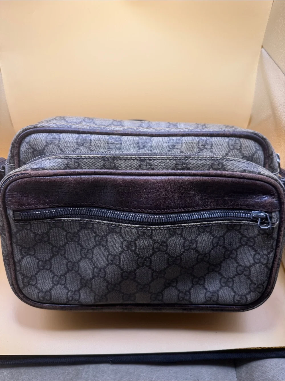 Gucci Brown GG Supreme Belt Bag with Dark Leather Trim